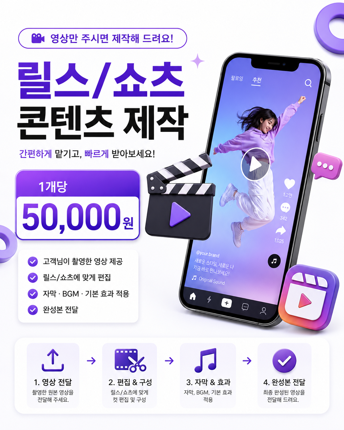 릴스 쇼츠 콘텐츠 제작 1개당 50,000원 안내 이미지